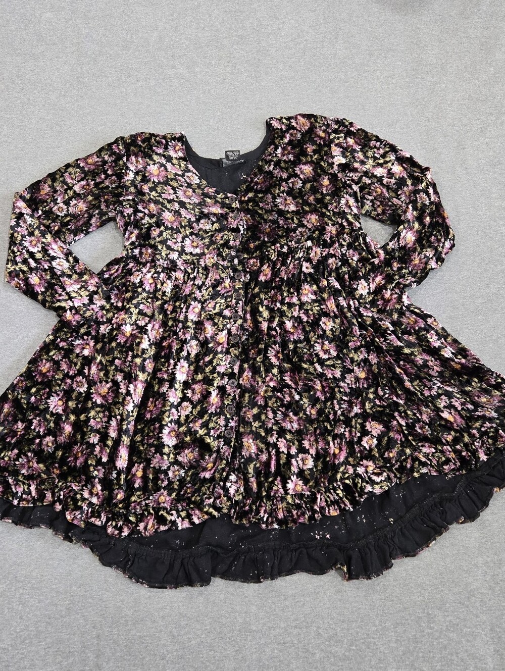 Crushed Velvet Floral Top Womens Small Nostalgia Button Up Ruffle Trim Dark Goth